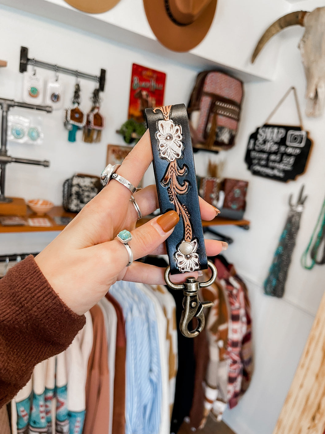 Tooled Floral Wristlet Keychain